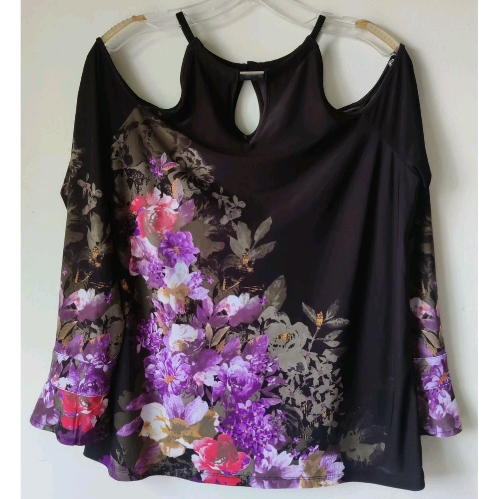 INC International Concepts Women's PL Cold Shoulder Floral Print‎ Black/Purple
